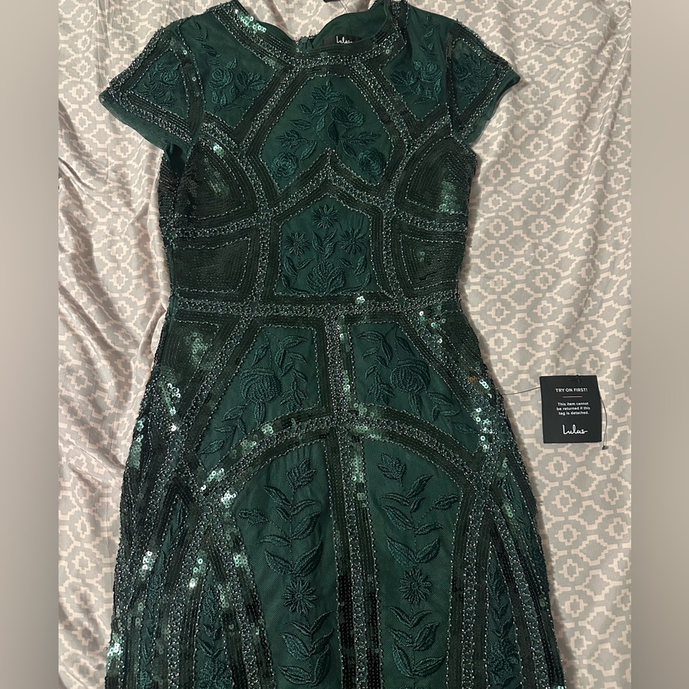 Lulu’s Spread Your Shine Emerald Green Sequin Embroidered Bodycon Dress